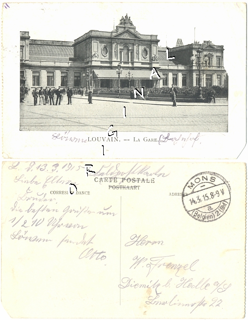 FELDPOST 1915 MONS a. AK LOUVAIN
                  Bahnhof, Leute BELGIEN - 8,00 Eur