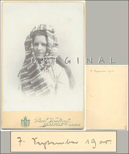 MÄDCHEN mit KOPFTUCH aus SAALFELD; gr. Kabinettfoto v. 1900 - 13,00 Eur