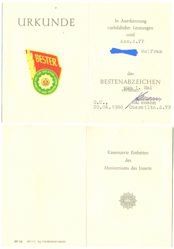 Kleine DDR-Urkunde: BESTER, VP, Ministerium des Innern, MdI - 3,00 Eur