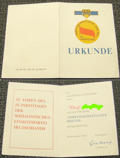 Kleine DDR-Urkunde zur Medaille: PARTEITAGSINITIATIVE DER FDJ - 7,00 Eur