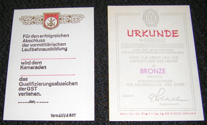 2 kleine blanko DDR-Urkunden: QUALI GST & SPORT, Bronze - 8,00 Eur