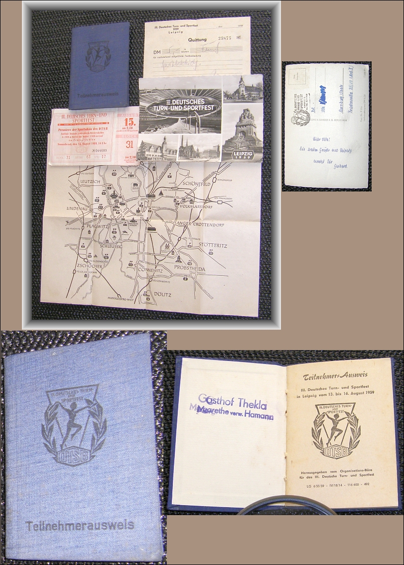 Papiere: SPORTFEST Leipzig 1959: Eintrittskarte, Ausweis, AK u. a. - 18,00 Eur