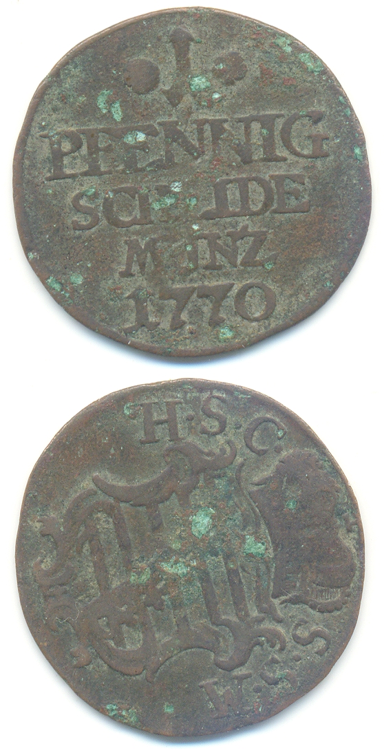 1 Pfennig SCHEIDEMNZE 1770:  2,2 cm; 0,06 cm dick; 2,0 g - 15,00 Eur
