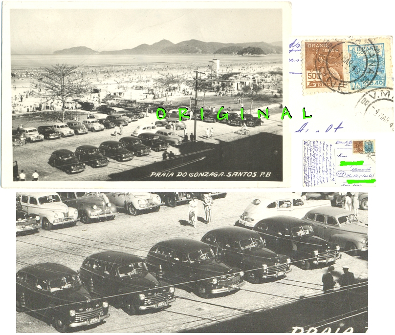 Fotokarte: SANTOS Brasil: Strand,
                Autos, Leute; 1949 gelaufen - 20,00 Eur