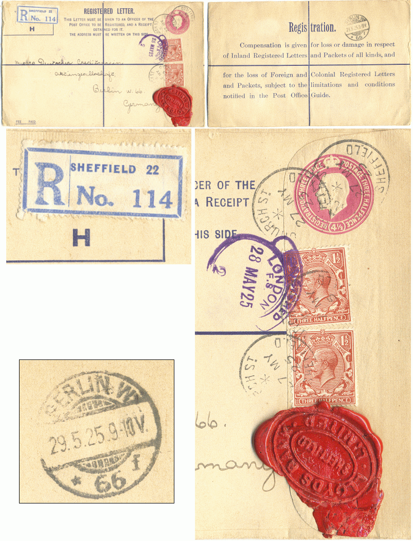 GA; R-Brief Sheffield Nr. 114; 1925 nach Berlin; Lacksiegel: Lloyds Bank - 25,00 Eur