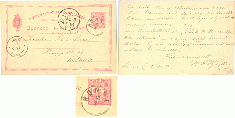 GA, Ganzsache: DÄNEMARK 1884 Rønne - Altona gelaufen - 20,00 Eur