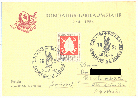 Postkarte: BONIFATIUS-JUBILÄUMSJAHR 1954 Fulda; gelaufen - 12,00 Eur