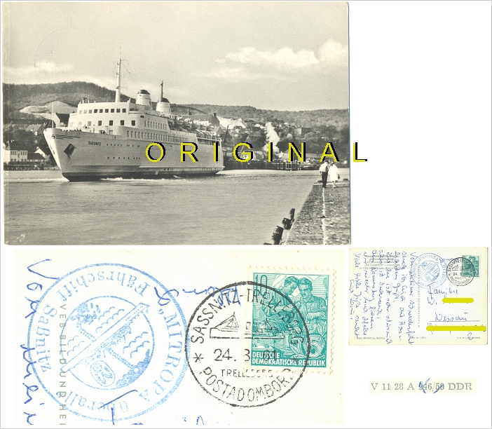 AK, Fotokarte, 1959, Eisenbahnfhrschiff der Deutschen Reichsbahn MS SASSNITZ, Post-an-Bord-Stempel - 15,00 Eur