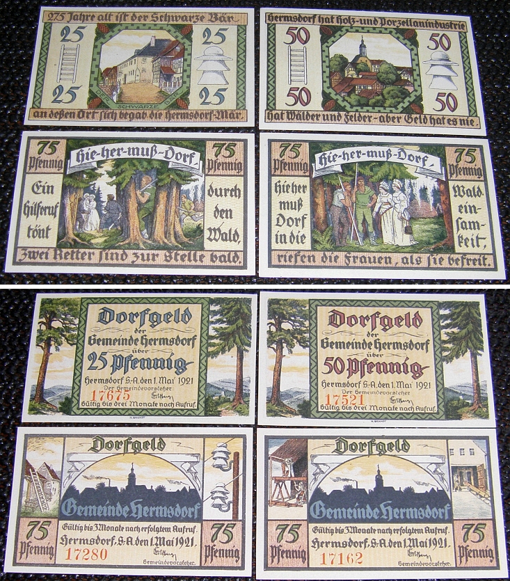 4 top Notgeldscheine: DORFGELD der Gemeinde HERMSDORF 1921 - 20,00 Eur