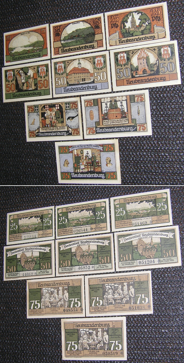 9 dekor. Notgeldscheine: NEUBRANDENBURG 1922 - original und gut - 28,00 Eur