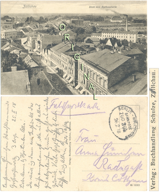 AK, FELDPOST 1918: ZLLICHAU (Posen) Blick vom Rathausturm; BAHNPOST Zug 304 - 23,00 Eur