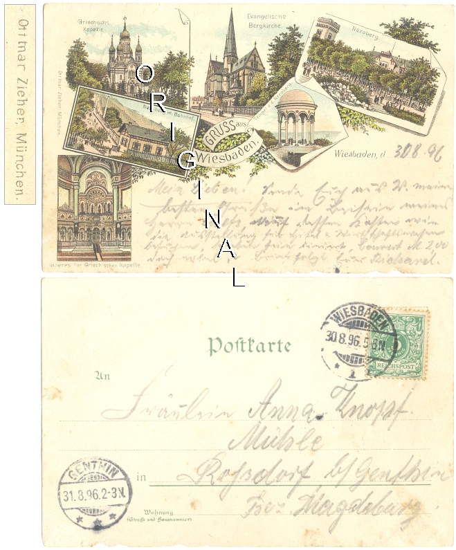 AK, LITHO: WIESBADEN, 6 Abb.; Ottmar Zieher, 1896(!) gel. - 18,00 Eur