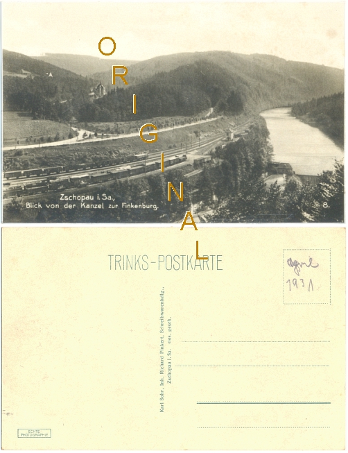Fotokarte: ZSCHOPAU in Sachsen: Blick von der Kanzel zur Finkenburg; Gterwagen; vor 1931 - 8,00 Eur
