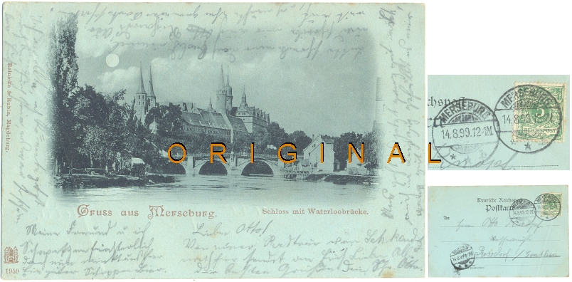 Mondscheinkarte: MERSEBURG Schloss, Waterloobrcke; 1899 gel. - 12,00 Eur