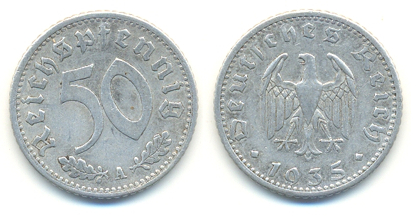 MNZE: 50 Reichspfennig: 1935 A, Deutsches Reich - 15,00 Eur