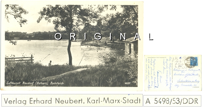 AK, Fotokarte: NEUDORF im Ostharz
                  1953, BADETEICH; 1954 gel. - 4,00 Eur