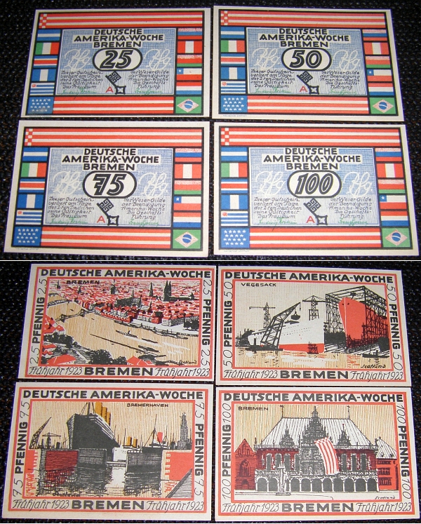 4 mal Stdtegeld/Notgeld BREMEN DEUTSCHE AMERIKA-WOCHE 1923 - 13,00 Eur