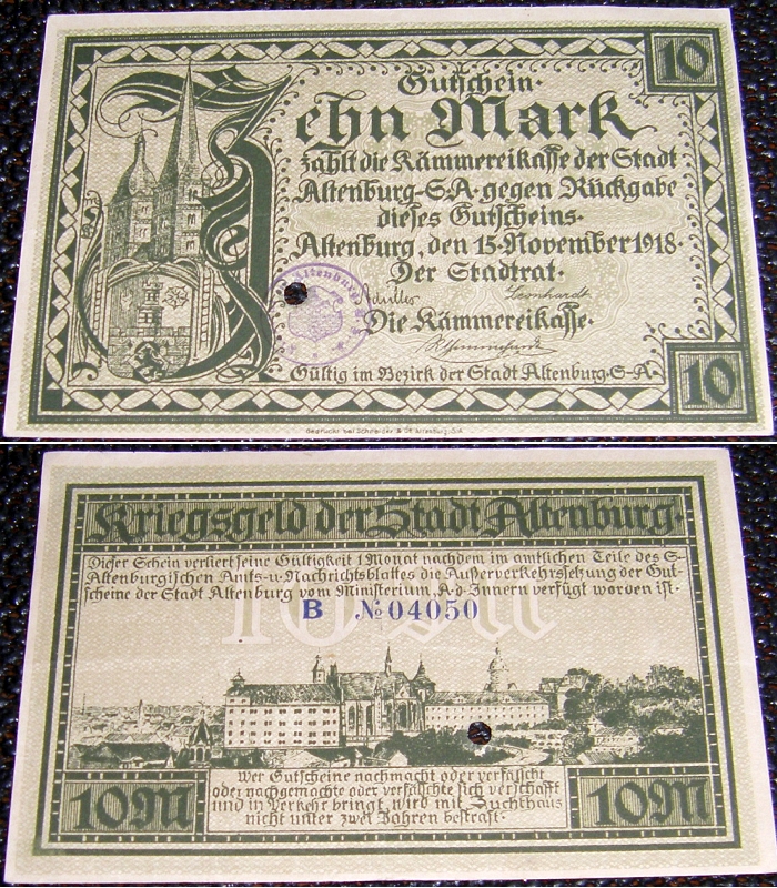 Kriegsgeld, Gutschein: Zehn Mark ALTENBURG S.-A. 1918; Stdtegeld - 13,00 Eur
