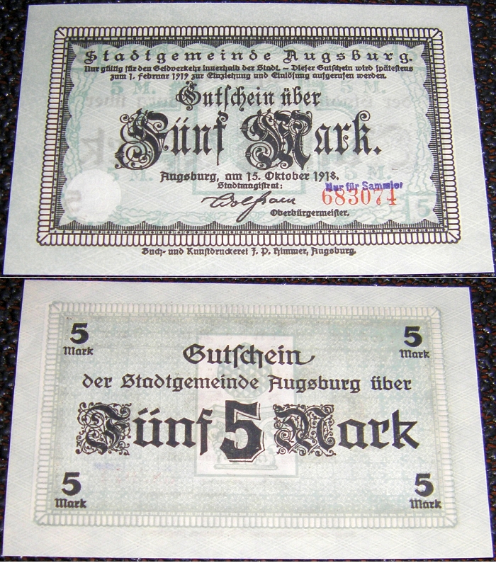 Gutschein: Fnf Mark AUGSBURG 1918; Stdtegeld, Bayern - 13,00 Eur