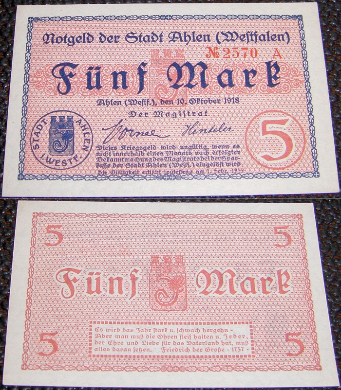 Notgeld: FNF MARK Ahlen (Westfalen) 1918 - 13,00 Eur