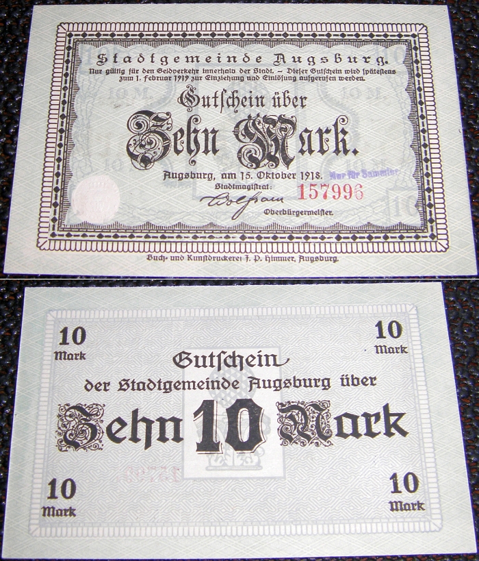 Gutschein: ZEHN MARK Augsburg (Bayern) 1918 - 13,00 Eur
