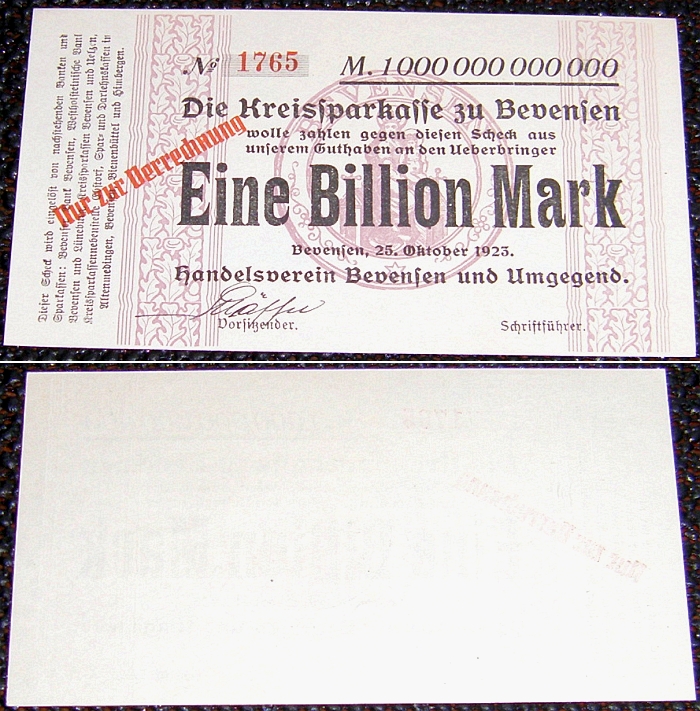 Scheck: EINE BILLION MARK Kreissparkasse BEVENSEN 1923 - 40,00 Eur