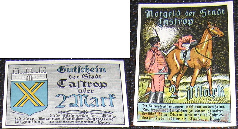 2 Mark: Gutschein der Stadt CASTROP (Nordrhein-Westfalen) 1921 - 12,00 Eur