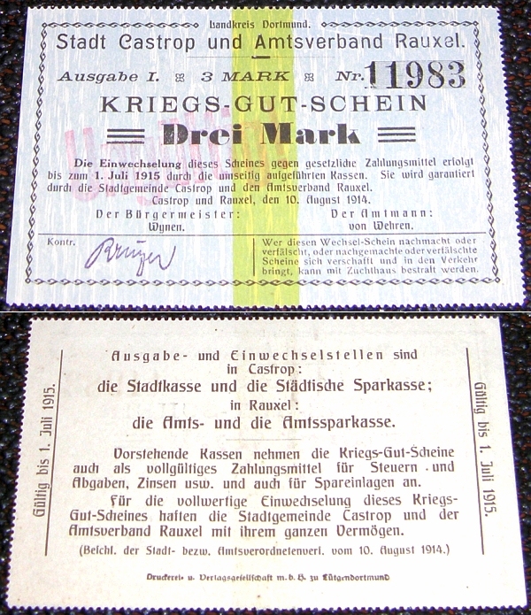 3 Mark: KRIEGSGUTSCHEIN: Stadt CASTROP Av. RAUXEL 1914 - 13,00 Eur