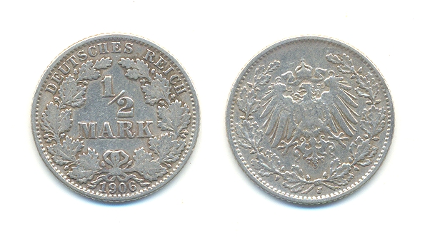 MNZE: EINE HALBE MARK: 1906 J; 900er Silber, Deutsches Reich - 12,00 Eur