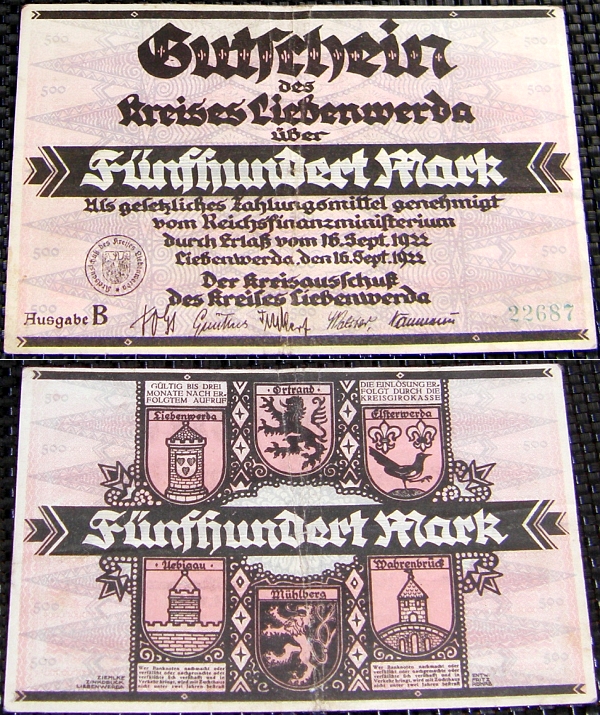 Notgeld, Gutschein: 500 MARK Kreis LIEBENWERDA 1922 - 14,00 Eur