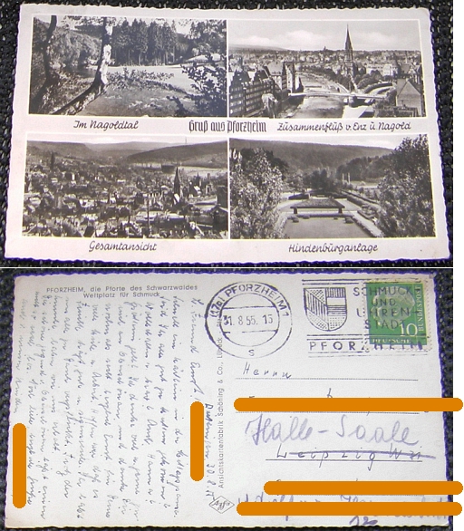 Fotokarte: PFORZHEIM 4 Abb., 1955
                                  gel.; Stempel: Schmuck-und Uhrenstadt
                                  - 3,00 EUR