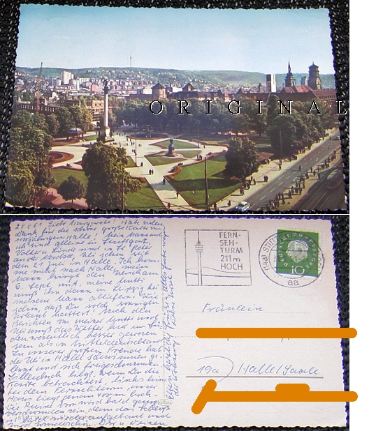 STUTTGART Schlossplatz 1961 gel.; Stempel: Fernsehturm 211 m hoch - 3,00 Eur