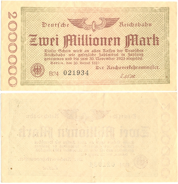 Geldschein: ZWEI MILLIONEN MARK, Deutsche Reichsbahn; 1923 - 8,00 Eur