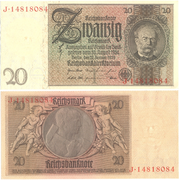 Geldschein: 20 Reichsmark; Berlin, den 22. Januar 1929 - 8,00 Eur