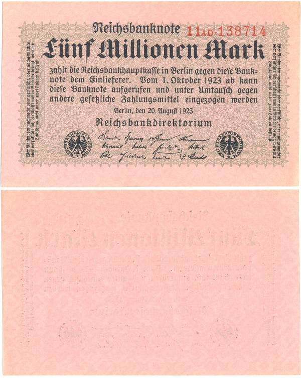 Reichsbanknote: Fnf Millionen Mark, 5.000.000 Mark; 1923 - 8,00 Eur