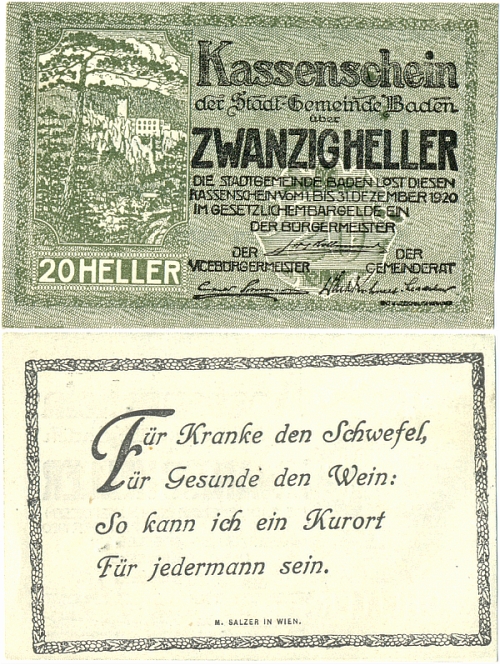 Kassenschein: Zwanzig Heller, BADEN (Niedersterreich); Dezember 1920 - 5,00 Eur