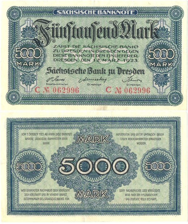 Schsische Banknote, Geldschein: 5000 Mark, DRESDEN, den 12. Mrz 1923 - 10,00 Eur