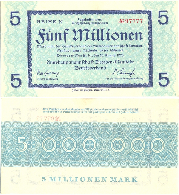 Schsische Banknote, Geldschein, Notgeld: 5.000.000 Mark, DRESDEN-NEUSTADT, den 25. August 1923 - 20,00 Eur