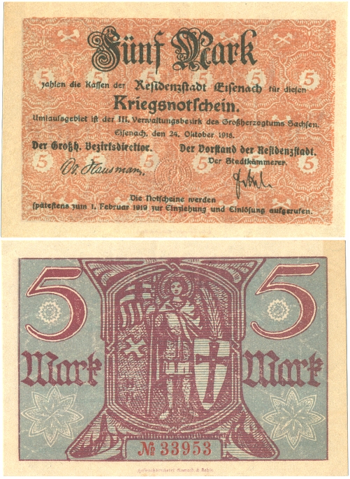 5 Mark, EISENACH 1918; Kriegsnotschein, Notgeldschein - 8,00 Eur