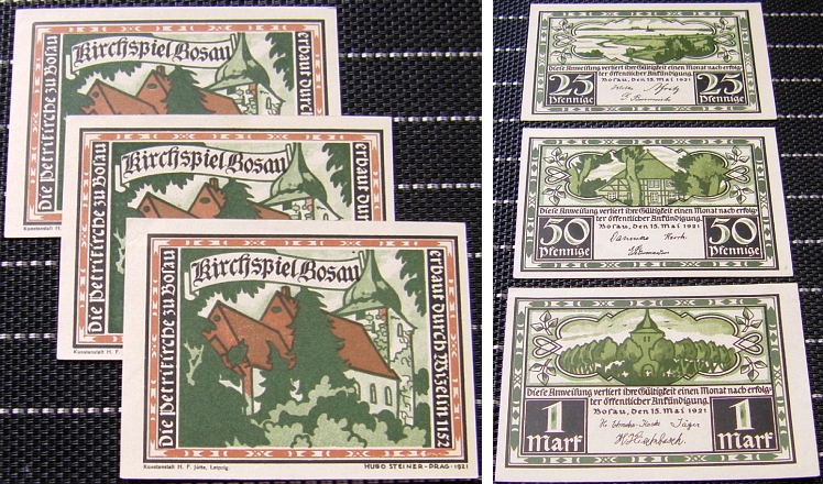 3 Notgeldscheine, Anweisungen: 25 Pf., 50 Pf. & 1 Mark aus BOSAU 1921 - 15,00 Eur