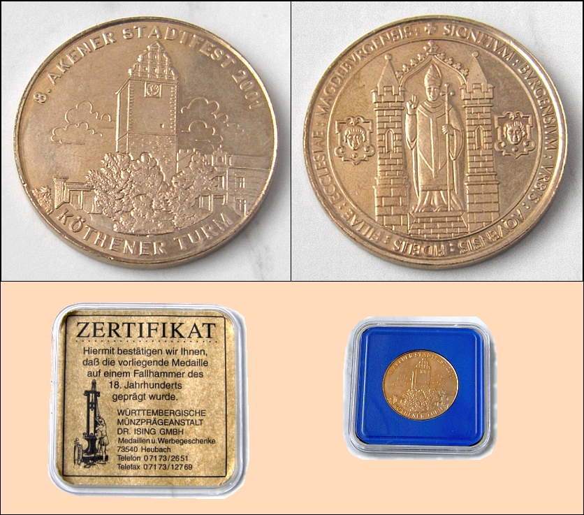Medaille: 3. AKENER STADTFEST 2001 Kthener Turm - 13,00 EUR