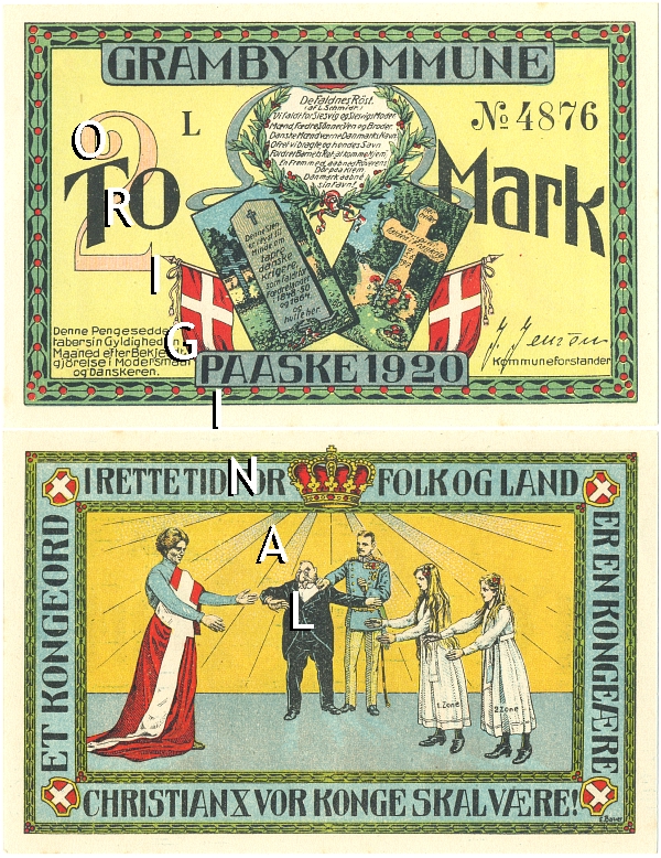 Dnischer Geldschein: 2 Mark, GRAMBY KOMMUNE PAASKE 1920 - 8,00 EUR