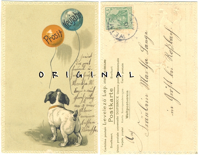 Kleinere AK: NEUJAHR Hund & Luftballons, 1903 gelaufen; Litho - 8,00 EUR