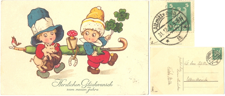 AK: NEUJAHR Kinder, Schweinchen, Pilz, 1924 gelaufene LITHO - 8,00 EUR