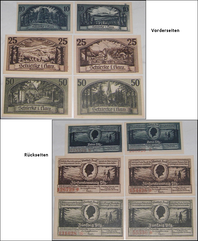 6 Geldscheine: SCHIERKE Oberharz 1921, Gutscheine, Stdtegeld, Notgeld - 8,00 Eur