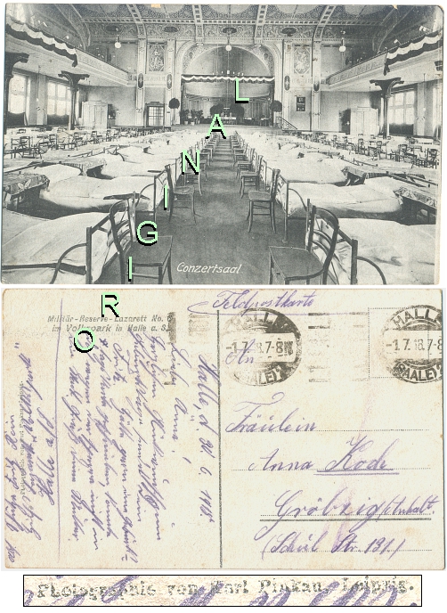 FELDPOST Halle (S.-A.) 1918: Militr-Reserve-Lazarett Nr. 6 im VOLKSPARK in HALLE (Saale); Karl Pinkau - 15,00 EUR