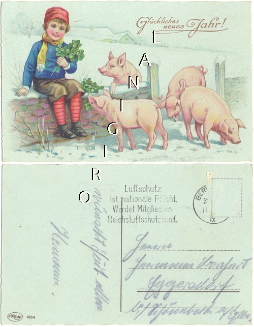 Junge mit Schweinchen, gelaufene LITHO - 10,00 EUR