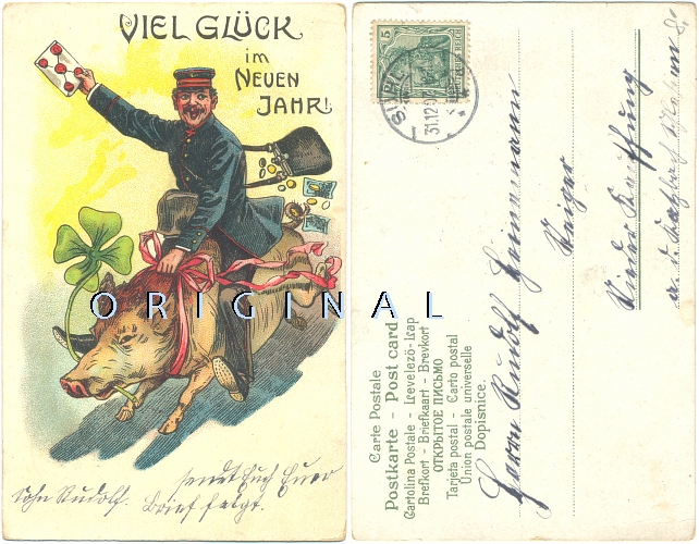 NEUJAHR(98) Brieftrger auf Schwein; 1907 gelaufene LITHO - 8,00 EUR