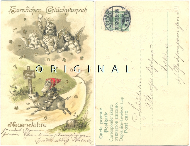 NEUJAHR(99) Zwerg auf Schwein, Engel; 1903 gelaufene, geprgte LITHO - 14,00 EUR