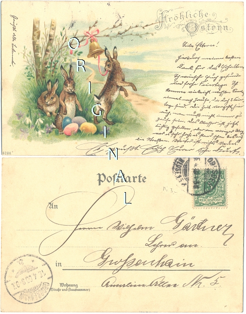 Ostern(58) Hasen, Eier, Glocke, 1900 gelaufene LITHO - 12,00 EUR
